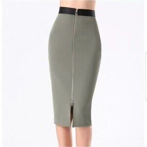 Bebe Fitted Textured Zip Front Midi Skirt Olive Green Sz S